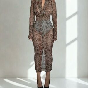 Brown Plunge Neck Long Sleeve Bodycon Dress